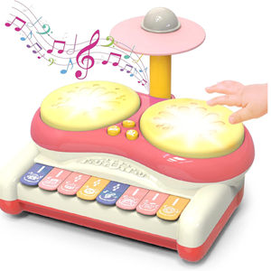 ست جاز و درام 3 در 1 کودک 2 طبلی صورتی Piano Keyboard Drum Set 3 in 1 Baby Musical Toys_اسباب بازی